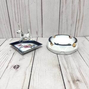 Vtg Cobalt Blue Floral Gold Trim Porcelain Scottish Terrier Ashtray Set Germany